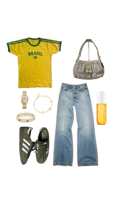 brasil tee outfittttt Brazil Clothes Aesthetic, Brazil Outfit Ideas, Brazil Outfits, Brazil Clothing, Blokette Core, Brazil Top, Brazil Style, Core Outfits, Sora Choi