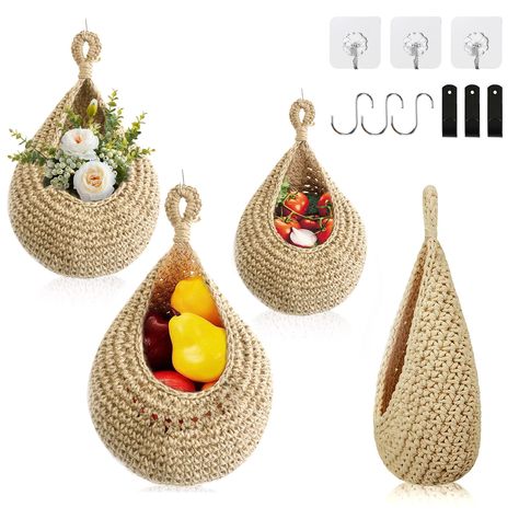 Handwoven Boho Wall Hanging Basket for Fruit Vegetable Hanging Baskets Storage Organizer Decorative Hanging Wall Basket for Bathroom Kitchen Back of Door 3-Piece Set with Hook (Linen) Hanging Basket Storage, Produce Baskets, Hanging Fruit Baskets, Over The Door Organizer, Jute Hanging, Fruit And Vegetable Storage, Wall Hanging Basket, Wall Hanging Storage, Jute Basket