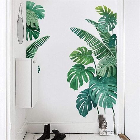 Plant Mural, Wall Decal Pattern, Jungle Theme Decorations, Seni Mural, Leave Art, Wall Painting Decor, Tropical Home Decor, Leaf Wall, Tree Wall Decal