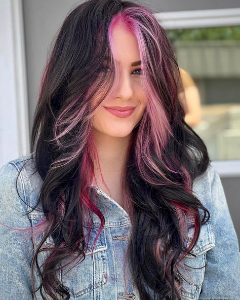 Peekaboo Hair Ideas, Purple Peekaboo Highlights, Purple Peekaboo Hair, Natural White Hair, Highlights Brunette, Natural Dark Hair, Two Color Hair, Haircuts For Women 2023, Peekaboo Highlights