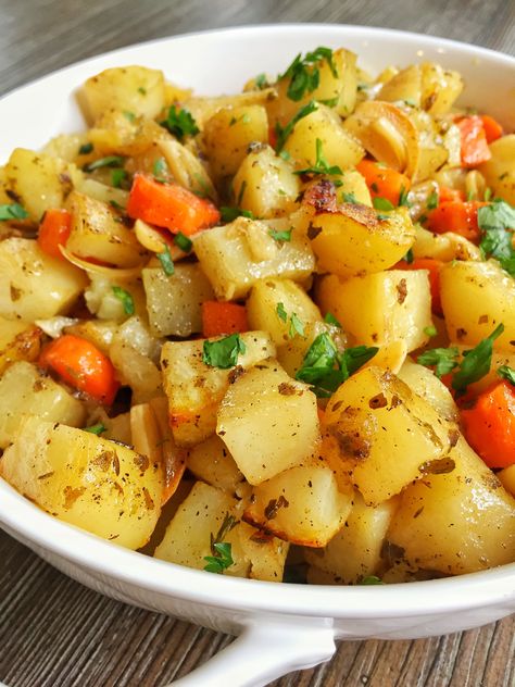 Lemon Garlic Roasted Potatoes & Carrots Roasted Potatoes Carrots And Onions, Lemon Garlic Roasted Potatoes, Roasted Potatoes Carrots, Lemon Roasted Potatoes, Greek Lemon Potatoes, Roasted Potatoes And Carrots, Moving To Denver, Garlic Roasted Potatoes, Greek Potatoes