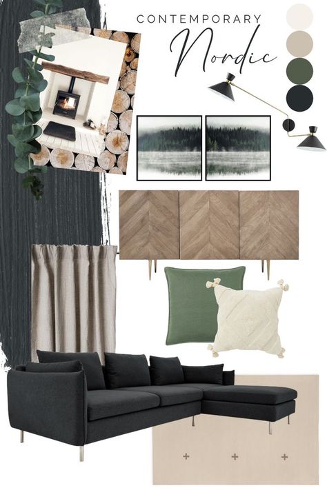 Sage Living Room, Grey Sofa Living Room, Contemporary Nordic, Nordic Living Room, Living Room Interior Design, Interior Design Boards, Living Room Color Schemes, Nordic Living, Living Room Scandinavian