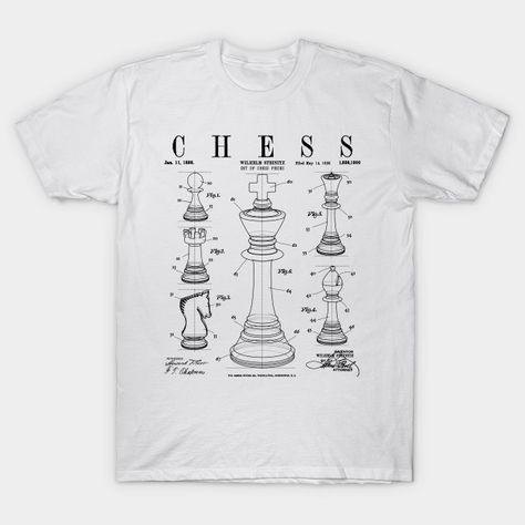 Chess King And Pieces Old Vintage Patent Drawing Print - Chess Lover - T-Shirt | TeePublic Chess Shirts, Chess King, Patent Application, Chess Club, Patent Drawing, T Shorts, Graphic Tshirt Design, Gaming Shirt, Club Shirts