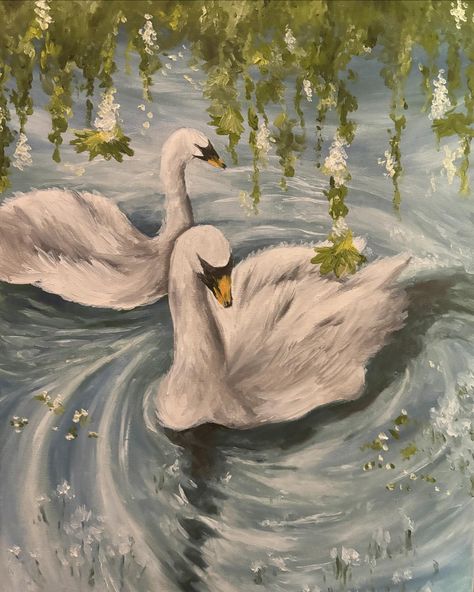 🦢🦢🦢 . . . . #newoilpainting #oilpainting #oilpaint #swan #swanlake #swanpainting #landscapeart #art #artist #newartist #paintings #painting Swan In Lake Painting, Two Swans Painting, Old Style Paintings, Two Swans Drawing, Swan Art Painting, Aesthetic Paintings Simple, Swan Painting Aesthetic, Old Art Painting Famous, Ethereal Art Inspiration