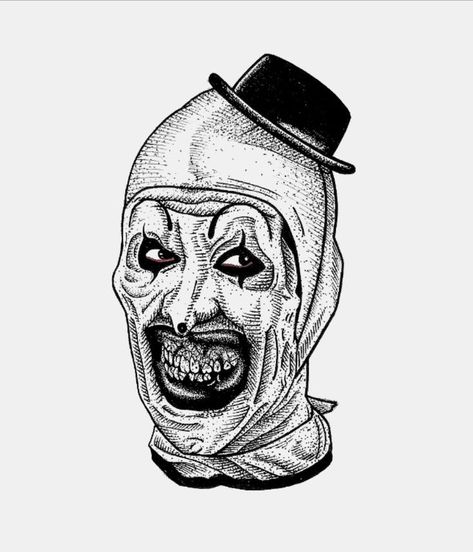 Horror Movie Villains Tattoo, Art The Clown Terrifier Movie, Scary Clown Character Design, Art The Clown Drawing Sketch, Art The Clown Sketch, Horror Movie Inspired Tattoos, Terrifier Sketch, Black And White Horror Art, Terrifier Tattoo Design