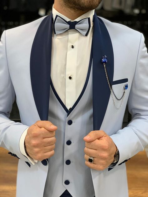 Valiko Ice Blue Slim Fit Tuxedo – BOJONI Shawl Lapel Tuxedo, Men Suits Wedding, Tuxedo Colors, Pants Chain, Leather Waistcoat, Mermaid Bridesmaid, Suits Wedding, Suits Prom, Blue Tuxedos