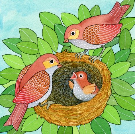 Bird Family Painting, Bird Family Drawing, Bird Drawing For Kids, Nursery Drawings, Family Watercolor, Craft Sculpture, Drawing Scenery, Easy Art For Kids, Animal Drawings Sketches