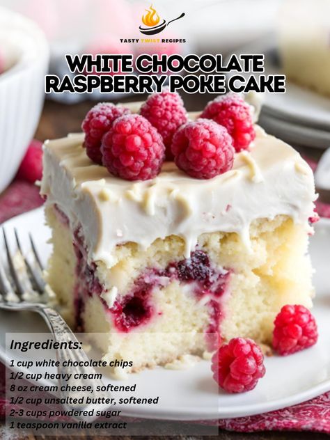 White Chocolate Raspberry Poke Cake is a heavenly dessert that combines moist cake with the sweet tang of raspberries and the creamy richness of white chocolate. This treat is perfect for special occasions or when you want to indulge in something truly decadent. Here’s how to create this delightful cake. White Chocolate Raspberry Poke Cake Recipe 🍰🍫🍓 Dive into the layers of this indulgent cake, where white chocolate and raspberries play the lead roles in a symphony of flavors. Ingredients:... White Chocolate Raspberry Poke Cake Recipes, Raspberry Poke Cake Recipes, White Chocolate Raspberry Poke Cake, Chocolate Raspberry Poke Cake, Raspberry Poke Cake, White Chocolate Raspberry Cake, Cake White Chocolate, Poke Cake Recipe, White Chocolate Frosting