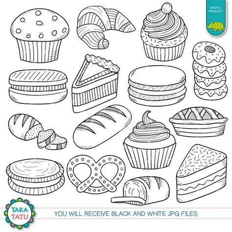 Pastry Clipart, Mothers Day Brunch Ideas, Bakery Clipart, Baking Clipart, Doodles Digital, Food Doodles, Baking Goods, Pola Bordir, Mothers Day Brunch