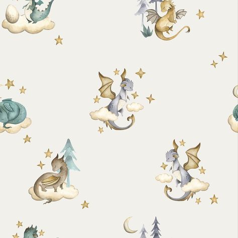 Baby Dragons and Stars on a Blue Background Boys Nursery Mural - Etsy Baby Boy Wallpaper Background, Baby Dragon Wallpaper, Dragon Baby Shower Ideas, Nursery Wallpaper Boy, Fantasy Nursery, Baby Hampers, Dragon Nursery, Baby Dragons, Nursery Mural