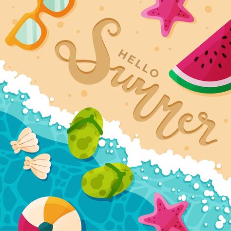 Diseño plano hola verano | Vector Gratis Summer Theme Design, Summer Logo Design Ideas, Summer Food Illustration, Summer Pubmat, Summer Vector Illustrations, Summer Design Poster, Summer Poster Ideas, Beach Poster Design, Summer Theme Art