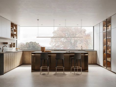 Kitchen with island THEA – HANDLE-FREE KITCHEN by Arclinea Arclinea Kitchen, Glass Display Unit, Melamine Wood, Double Islands, Kitchen Cost, Wooden Staff, Aluminum Shelves, Antonio Citterio, Kitchen Models