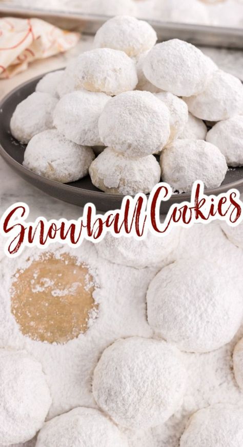 Snowball Cookies! A tender melt-in-your-mouth pecan shortbread cookie recipe - also called Mexican Wedding Cookies and Russian Tea Cakes - perfect for holiday baking! Russian Tea Cookies, Russian Tea Cakes, Pecan Shortbread Cookies, Pecan Shortbread, Russian Tea Cake, Soft Cookies, Mexican Wedding Cookies, Russian Tea, Snowball Cookies