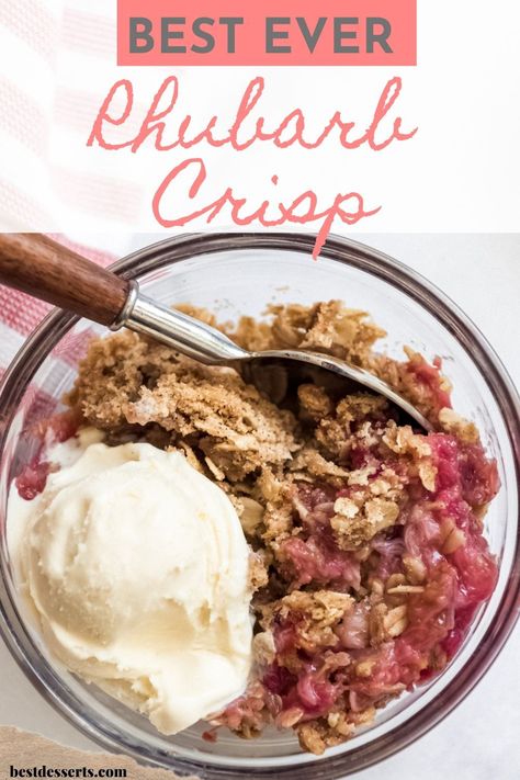 This sweet and tart Rhubarb Crisp has a filling made with fresh or frozen rhubarb covered generously with a simple oat crisp topping! It’s an easy, delicious treat, especially when served warm with a scoop of vanilla ice cream! #dessert #breakfast #easyrecipes #crisp Rhubarb Crisp Recipe, Easy Breakfast Treats, Rhubarb Recipes Crisp, Best Easy Dessert Recipes, Crisp Topping, Fresh Fruit Tart, Rhubarb Crisp, Dessert Breakfast, Breakfast Recipes Sweet