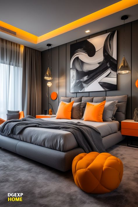 Medium-sized Modern Master Bedroom with a Vibrant Grey and Orange Color Scheme, Featuring Stylish Furniture, Urban Artwork, and Terrace Access. Teal Bedroom Decor, Simple Bed Designs, Double Bed Designs, Boho Bedroom Design, Teal Bedroom, Bunk Bed Designs, Room Styles, Bedroom Orange, Apartment Living Room Design