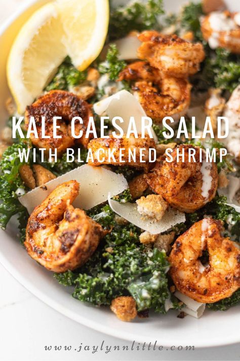 Shrimp And Kale Recipes, Shrimp Kale Recipes, Shrimp Kale Pasta Recipes, Dino Kale Recipes, Kale Shrimp Salad, Shrimp And Kale Salad, Blackened Shrimp Salad Recipes, Blackened Chicken Caesar Salad, Kale Recipes Dinner