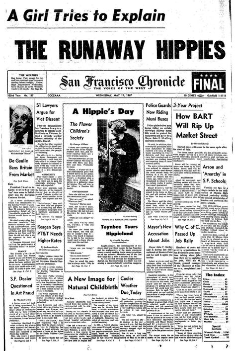 Chronicle Covers: Quirky SF captured in one 1960s front page - San Francisco Chronicle Morty Drawing, Sf Apartment, Newspaper Collage, Rick And Morty Drawing, Social Studies Projects, Flower Children, The Runaway, Vintage Newspaper, A Typical