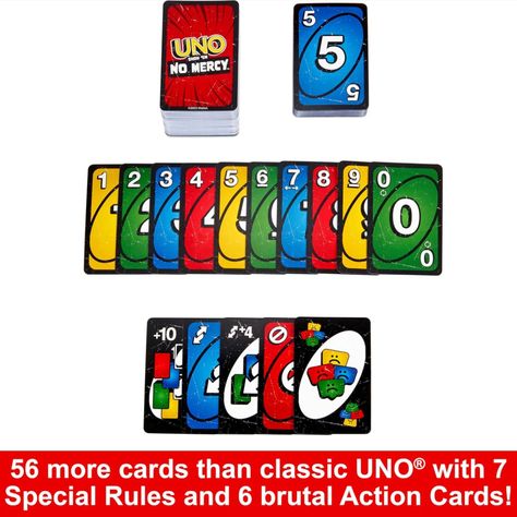 UNO Show 'em No Mercy game adds 56 more cards, special rules and super-tough action cards for the most brutal edition of UNO ever! Uno Game, Classic Card Games, Uno Cards, Card Games For Kids, Games Diy, Action Cards, No Mercy, Game For Kids, Travel Games