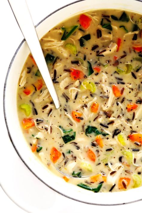 The BEST chicken and wild rice soup recipe -- made with a creamy rosemary broth, extra veggies and greens, and the hearty chicken and rice we all love. Chicken And Wild Rice Soup, Wild Rice Soup Recipes, Chicken Wild Rice, Wild Rice Recipes, Chicken Wild Rice Soup, Rice Soup Recipes, Seared Chicken Breast, Cheesy Chicken Broccoli, Broiled Chicken