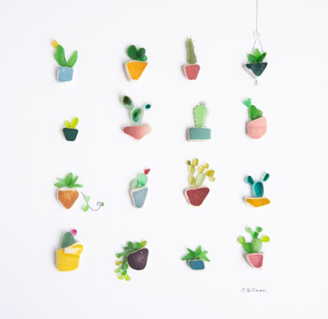 sea glass succulents made from sea glass and sea pottery.  Original art by Rachel Bellman. Copyright. Easy Glass Art, Sea Glass Succulents, Sea Glass Wave Art, Small Sea Glass Art, Sea Glass Art Plants, Simple Sea Glass Art, Beachglass Art Ideas, Sea Glass Succulent, Sea Pottery Art