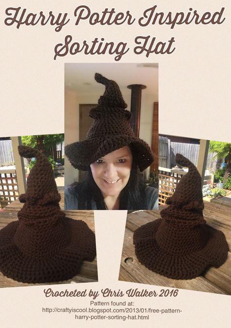 Harry Potter Sorting Hat.  I found that this pattern did not allow for a nose as shown in the picture from the pattern site. FREE Pattern found at:  http://craftyiscool.blogspot.com/2013/01/free-pattern-harry-potter-sorting-hat.html Crochet Sorting Hat Pattern, Harry Potter Sorting Hat Crochet Pattern, Harry Potter Crochet Hat Pattern, Crochet Harry Potter Free, Crochet Sock Hat Free Pattern, Diy Harry Potter Crochet, Free Crochet Patterns Harry Potter, Crochet Sorting Hat Free Pattern, Sorting Hat Crochet Pattern Free