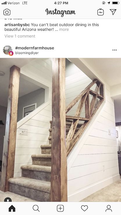 Open Staircase Ideas Basement Stairs Railings, Stairs With Shiplap Wall, Interior Stair Railing Ideas Farmhouse, Basement Step Railing Ideas, Farmhouse Open Staircase, Basement Door Ideas Interior Staircase, Opening Up A Staircase Wall, Open Staircase Ideas Basement Stairs, Stair Railing Ideas Farmhouse