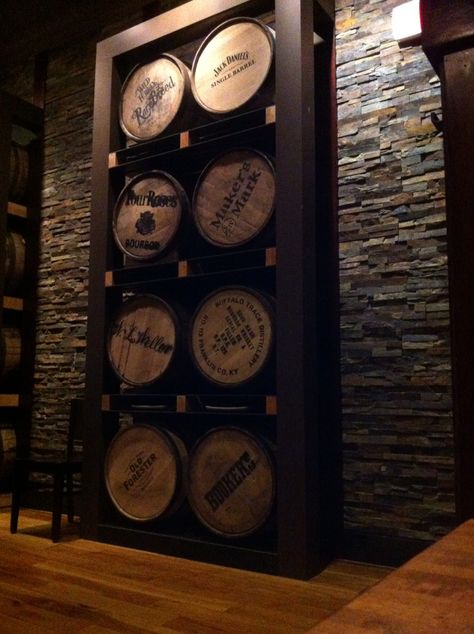 Bourbon Barrel Wall Decor, Whiskey Barrel Head Ideas, Whiskey Barrel Wall, Bourbon Speakeasy, Speakeasy Basement, Bar Room Design, Basement Pub, Wine Barrel Art, Wine Barrel Wall