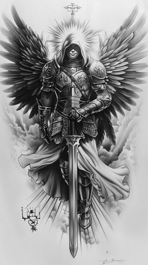 Tatoos Sketch, Arc Angel Michael Tattoo, St Michael The Archangel Tattoo, Time Tattoo Ideas, Saint Michael Tattoo, Guardian Tattoo, Angel Warrior Tattoo, Armor Of God Tattoo, Guardian Angel Tattoo Designs