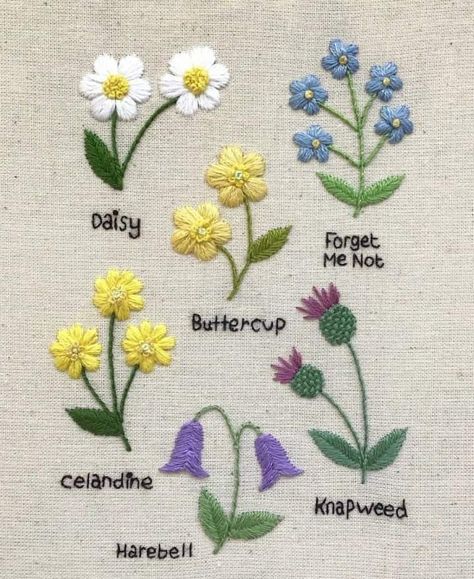 Embroidered Vines And Flowers, Embrodiary Flowers, Embrodery Stiching Flower, Embroidered Flowers Tutorial, Flowers To Embroider, Embroidered Flowers Simple, Small Embroidery Flowers, Embroidery Flower Stitches, Embroidery Inspiration Simple