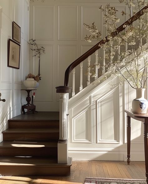 Modern American Farmhouse Interior, Baroque Apartment Interior Design, Box Trim Entryway, Elegant Home Design, European House Decor, High End Home Design, 1890s Home Decor, Feminine Home Library, Entryway Staircase