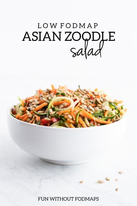 Fresh and colorful, this 10-minute Low FODMAP Asian Zoodle Salad is DE-lish! Make this fast and flavorful salad recipe for a for a simple no-cook side dish salad. | more easy low FODMAP recipes at funwithoutfodmaps.com | #lowfodmap #salad #zoodles #vegan #plantbased Easy Low Fodmap Recipes, Side Dish Salad, Zoodle Salad, Easy Low Fodmap, Favourite List, Fod Map, Fodmap Lunch, Veggie Noodle, Fodmap Recipes Dinner