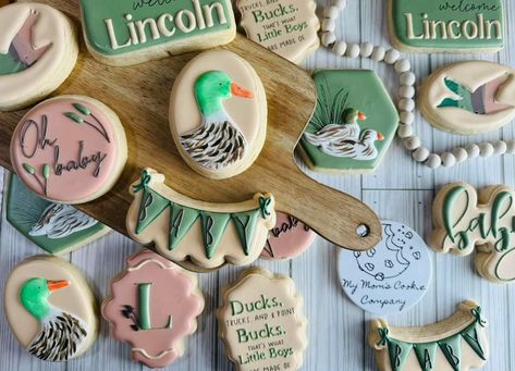 Mallard Duck Baby Shower Cookies, Mallard Duck Cookies, Mallard Duck Baby Shower Ideas, Duck Baby Shower Theme, Duck Cookies, Gender Reveal Cookies, Hunting Birthday, Hunting Baby, Baby Shower Duck