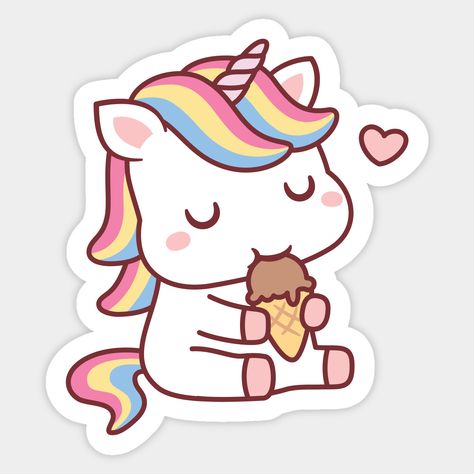 A doodle of a cute little white unicorn with colorful mane enjoying a chocolate ice cream on a cone! Kawaii design for anyone who loves unicorns and ice cream! -- Choose from our vast selection of stickers to match with your favorite design to make the perfect customized sticker/decal. Perfect to put on water bottles, laptops, hard hats, and car windows. Everything from favorite TV show stickers to funny stickers. For men, women, boys, and girls. Cute Stickers Unicorn, Unicorn Cute Illustration, Stickers On Everything, Cute Unicorn Drawing, Pinterest Stickers, Doodles Food, Cute Printable Stickers, Cute Food Stickers, Cute Kawaii Stickers