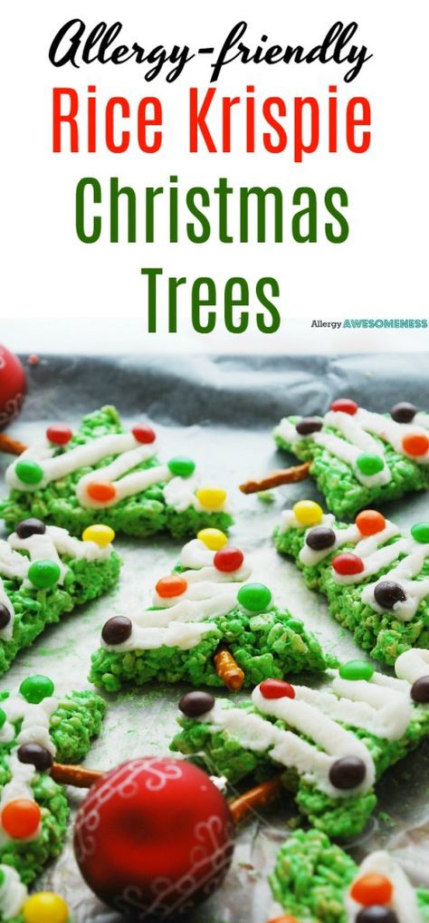 Allergy-friendly Rice Krispie Christmas Trees (Gluten, dairy, egg, peanut & tree nut free; vegan option). An easy, no-bake holiday treat recipe by Allergy Awesomeness.  |no-bake holiday treat| |no bake gluten free christmas treat| |no bake gluten free treat| |no bake dairy free treat| |no bake dairy free christmas treat| |allergy-friendly christmas treat| |no bake allergy friendly christmas treat| |no bake vegan treat| |no bake vegan christmas treat| Allergy Friendly Christmas Treats, Dairy Free Christmas Treats, Christmas Rice Crispy Treats, Rice Krispie Christmas, Dairy Free Dessert Christmas, Rice Krispie Christmas Trees, Vegan Christmas Treats, Gluten Free Christmas Treats, Christmas Rice