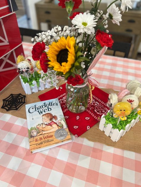 Charlotte’s Web Birthday Party – Tine Murray Charlotte's Web Party, Charlotte's Web Book, Homemade Chex Mix, Charlotte’s Web, Charlotte Baby, Butterfly Baby Shower Theme, Red Crafts, Pig Birthday Party, Charlotte's Web