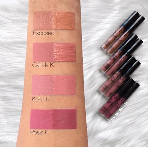 Mattes vs glosses! Kylie jenner Exposed, Candy K, Koko K & Posie K Kylie Jenner Lip Kit Swatches, Kylie Lip Kit Swatches, Kylie Lip Kit Candy K, Koko K, Lipgloss Swatches, Jenner Makeup, Kylie Lips, Kylie Lip Kit, Kylie Jenner Lipstick