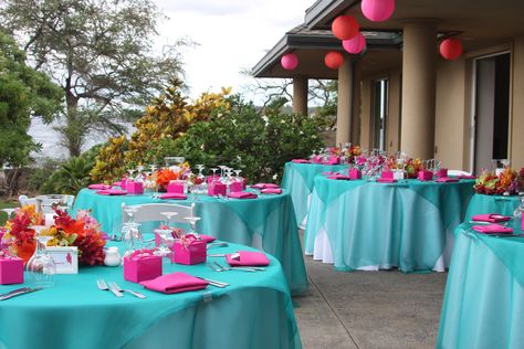 More #fushia #teal our favorite is the #orange and #fushiapink chinese lanterns We really loved putting this whole look together at #kukahikoestate www.makenaweddings.com Teal And Pink Decorations, Blue Wedding Cake Ideas, Blue Wedding Cake, Wedding Color Pallet, Tiffany Rose, Jewel Tone Wedding, Wedding Cakes Blue, Teal Wedding