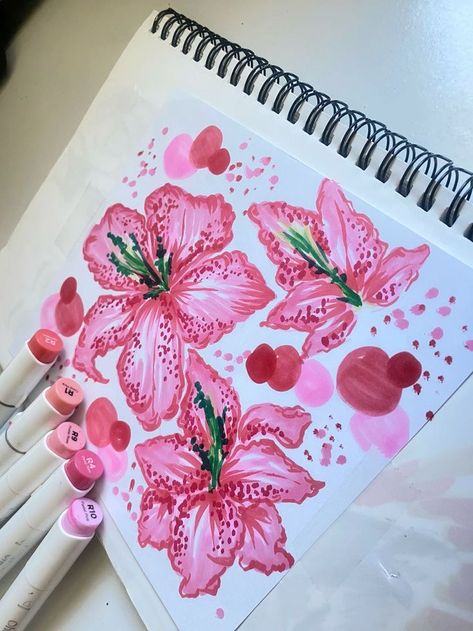 Pink Marker Drawing, Magic Flower Drawing, A4 Drawings Art, Flower Drawings With Markers, Magical Flowers Drawing, Alcohol Markers Illustration, Marker Art Aesthetic, Drawing Ideas With Alcohol Markers, Metallic Marker Art