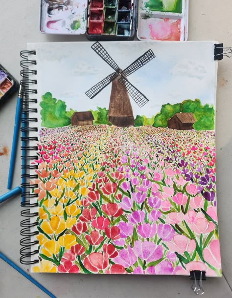 Watercolor Painting inspired by the tulip fields outside Amsterdam Pink Tulip Painting, Watercolor Amsterdam, Amsterdam Watercolor, Paint Calendar, Amsterdam Painting, Amsterdam Tulips, Windmill Wall Decor, Tulip Art, Tulip Drawing