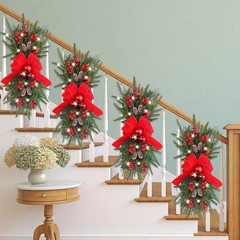 Xmas Stairs, Cheap Wreaths, Cheap Christmas Decorations, Christmas Stairs, Teardrop Swag, Christmas Decorations Cheap, Christmas Wreaths & Garlands, Christmas Decorations Wreaths, Swag Wreath