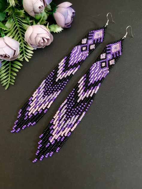 Purple Native Beaded Earrings, Purple Fringe Earrings, Beading Business, Purple Beaded Earrings, Native Earrings, Grad Ideas, Beaded Earrings Native, Native American Beaded Earrings, Native Beadwork