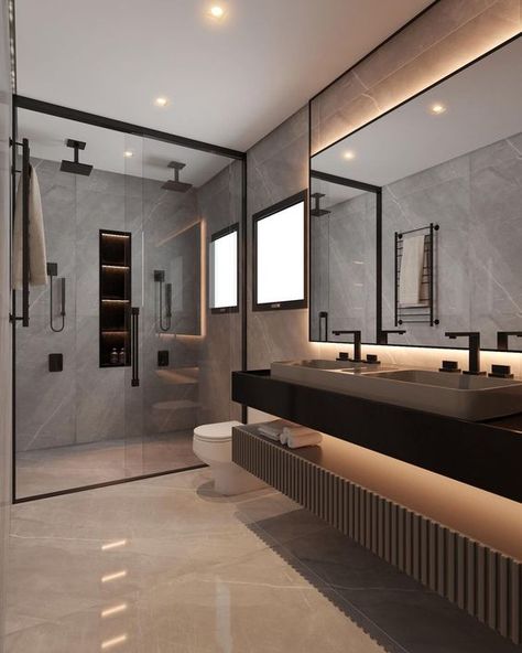 Masculine Minimalism, Modern Ensuite Bathroom Ideas, Moody Spa, Dark Marble Bathroom, Ensuite Inspiration, Mixing Furniture, Amazing Rooms, Dekorere Bad, Ideas Baños