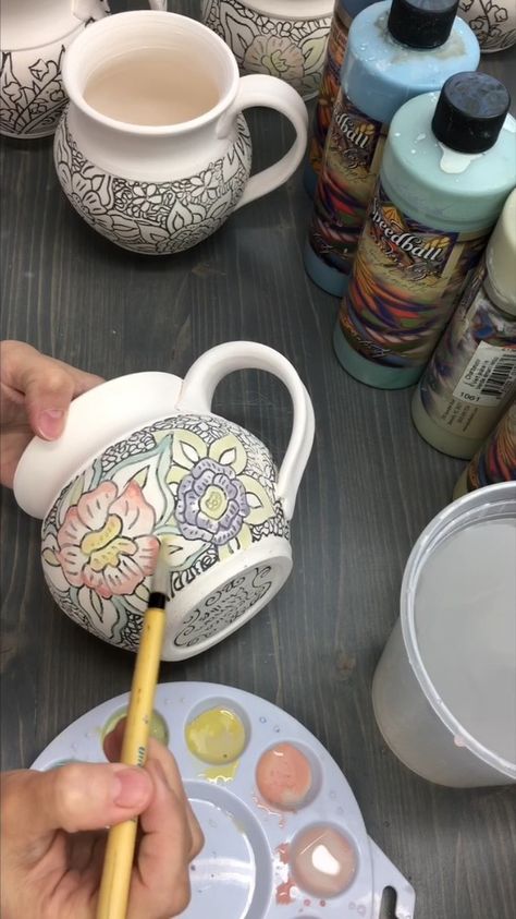 ClayShare on Instagram: “🌈Watch how I add color using @speedball_art underglazes to a handcarved mug . This will have a clear glaze applied over the color.…” Painting On Pottery, Pottery Engobe, Painting Mugs, Underglaze Painting, Instagram Painting, How To Make Clay, Surface Decoration, Pottery Cups, Watercolor Effects