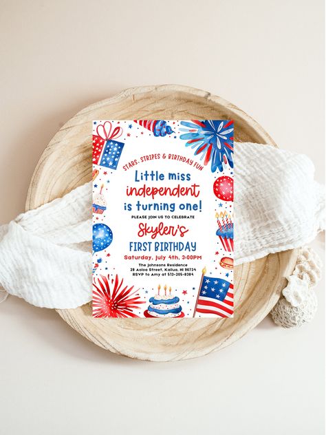 Little Miss Independent 1st Birthday Invitation, 4th of July Birthday Invitation, Girl Independence Day Patriotic Birthday Invite LF1 Patriotic First Birthday Girl, Fourth Of July 1st Birthday Party, 4th Of July First Birthday Girl, 4th Of July 1st Birthday Party Girl, Patriotic Birthday, 4th Of July Birthday, Miss Independent, Blue Birthday Parties, 1st Birthday Invitation