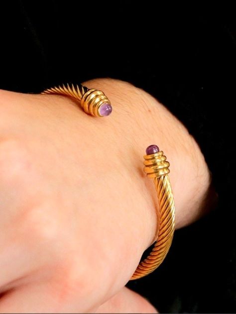 Open Cuff Bracelet with Amethyst Gemstones in Gold #cuffs #stonebracelets #gemstonebangles #gemstonejewelry #amethyst #giftideas #wifeanniversarygifts #mombirthdaygifts #giftforsister Bracelet Fil, Gold Cuff Bracelet, Wire Cuff, Open Cuff Bracelet, Gemstone Cabochons, Gold Bracelet Cuff, Twisted Wire, Gold Cuffs, Band Bracelet