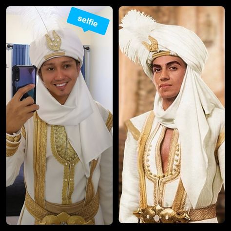 The cosplayer and the original prince Aladin Movie, Magician Costume, Prince Ali, Aladdin Costume, Nativity Church, Arabian Dress, Prince Of Egypt, Santa Costume, Disney Cosplay