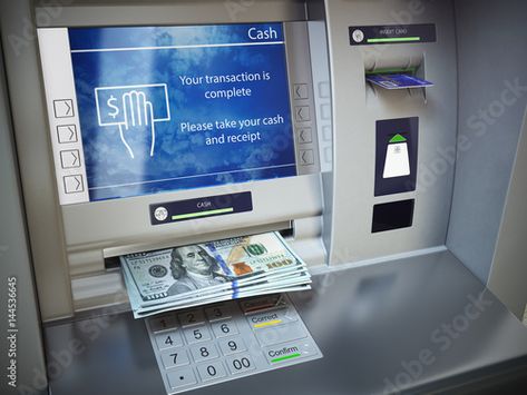 Stock Image: ATM machine and money. Withdrawing dollar banknotes. Retail Pos System, Atm Machine, Automated Teller Machine, Atm Cash, Dollar Banknote, New York Stock Exchange, Coding Software, Money Market Account, Allentown Pennsylvania