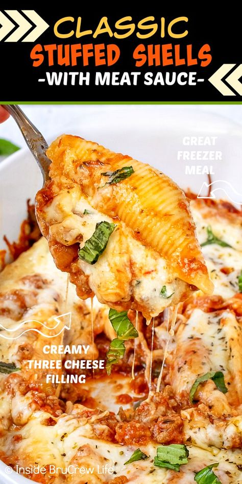 Easy Stuffed Shells With Meat, Stuffed Shells With Meat Sauce, Stuffed Shells Beef, Stuffed Shells With Meat, Easy Stuffed Shells, Shells Stuffed, Stuffed Shells Ricotta, Jumbo Pasta Shells, Shells Recipe