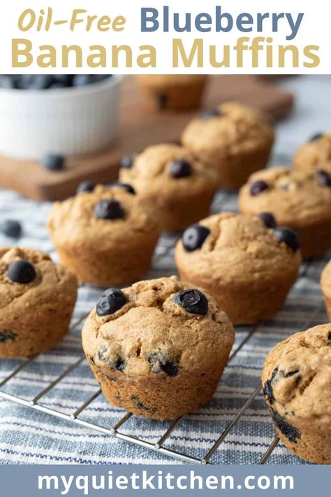 These healthy whole-wheat blueberry banana muffins are vegan, oil-free, refined sugar-free, and a total breeze to make! They're moist and fluffy with a flavor that's like banana bread meets blueberry muffin. Scrumptious for breakfast and snacks! Healthy Blueberry Banana Muffins, Vegan Breakfast Muffins, Whole Wheat Blueberry Muffins, Easy Breakfast Muffins, Blueberry Banana Muffins, Healthy Carrot Cake Muffins, Vegan Banana Muffins, Whole Wheat Muffins, Oil Free Vegan Recipes