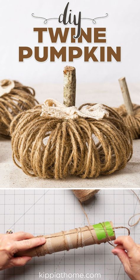 Twine pumpkins with sticks for stems and a cotton lace bow Twine Pumpkins, Twine Diy, Twine Crafts, Fall Pumpkin Crafts, Fall Decor Diy Crafts, Easy Fall Decor, Easy Fall Crafts, Manualidades Halloween, Thanksgiving Diy